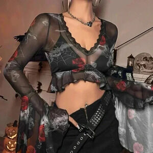Halloween Skull And Floral Print Lace Trim Flounce Sleeve Sheer M…
